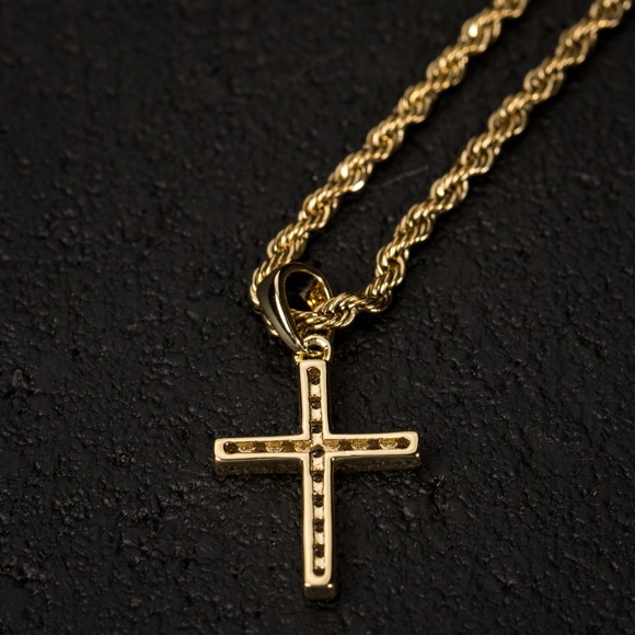 Mini Micro 14K Gold Iced Cz Cross Pendant Chain - Picture 3 of 4